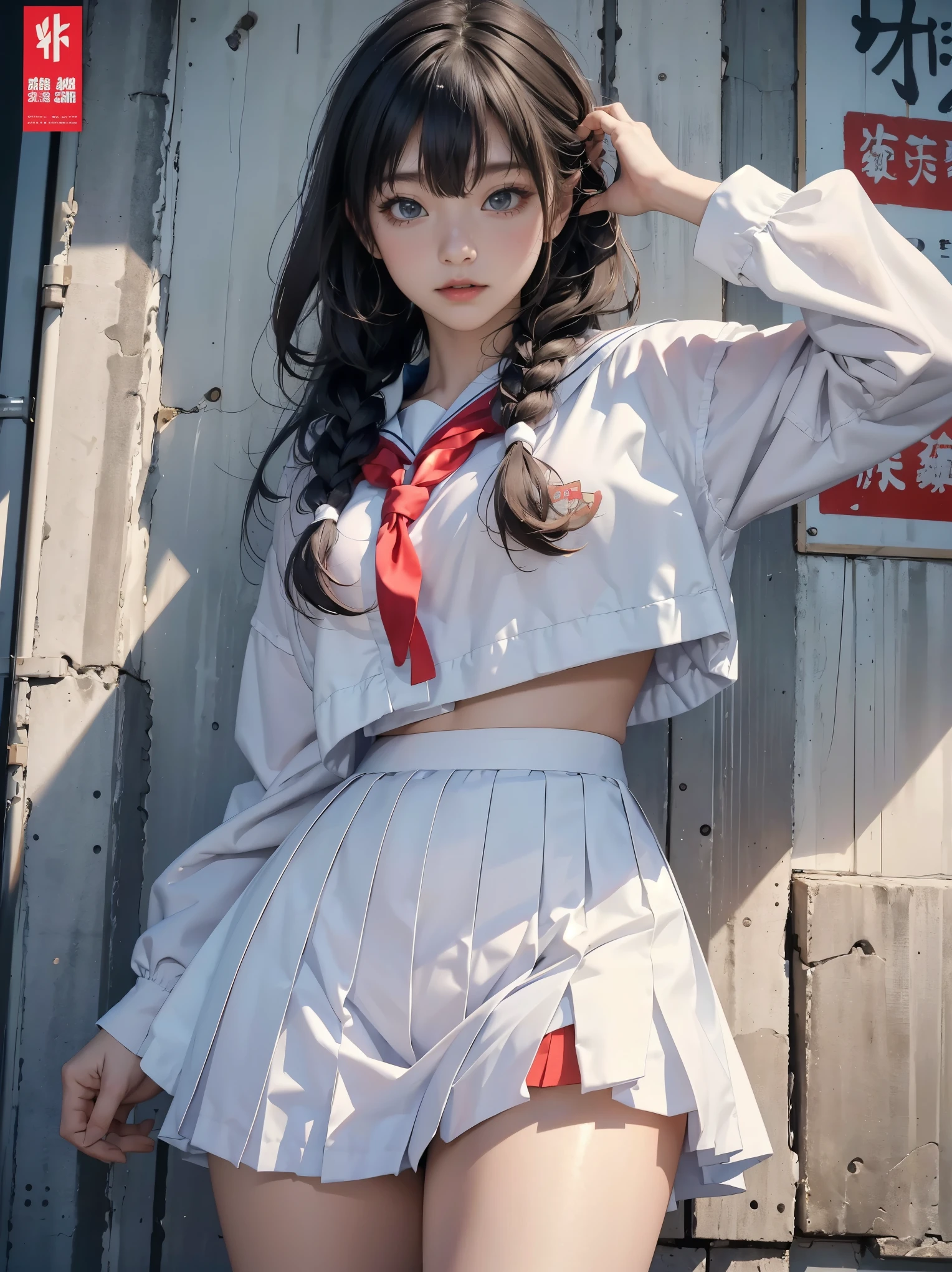 optimization, masterピース, high quality, master, High resolution, 8k, one high school girl, sailor suit, perfect proportions,A genius in traditional martial arts, Confident posing, Japanese high school girl, Super beautiful, super beautiful eyes, super beautiful hair,magazine cover,wide angle lens, her main composition