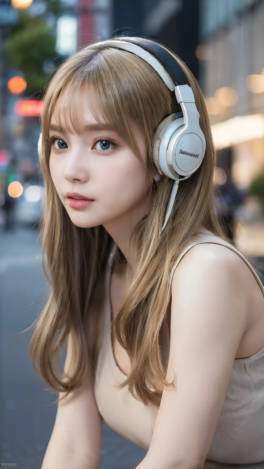 (masterpiece), (highest quality, High resolution, very detailed, figure), 1 girl, alone, city, contemporary, Profile picture close-up, blonde beige long hair, green eyes, detailed and beautiful eyes, squat, headphones, 8K, Trending with ArtStation, Featured on Pixiv