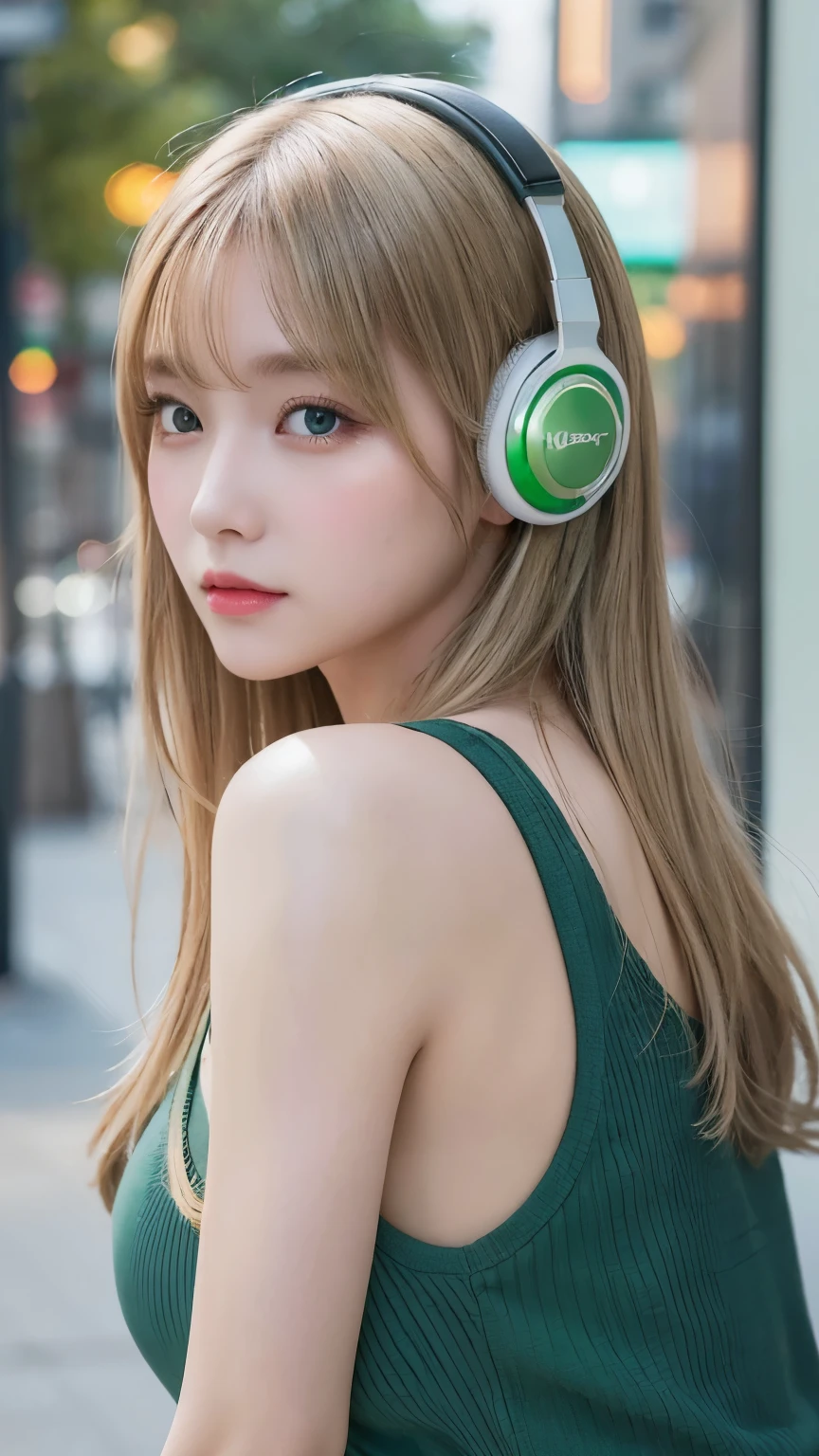 (masterpiece), (highest quality, High resolution, very detailed, figure), 1 girl, alone, city, contemporary, Profile picture close-up, blonde beige long hair, green eyes, detailed and beautiful eyes, squat, headphones, 8K, Trending with ArtStation, Featured on Pixiv