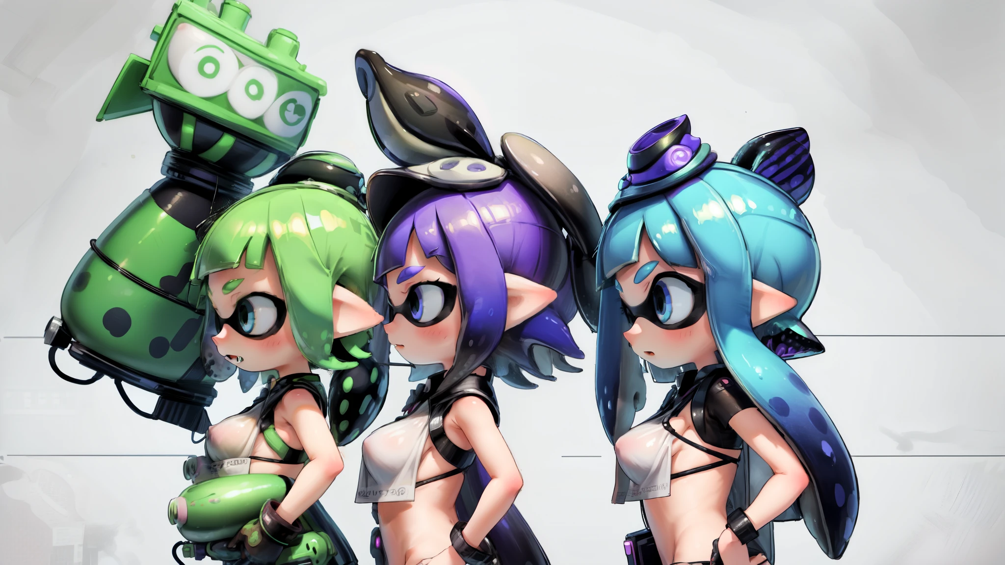 Three Splatoon Girls, lined up、From the side、bust_chart, simple background (超big breasts), (big breasts), normal size breasts、highest quality ,masterpiece, cute eyes、anime、full color、