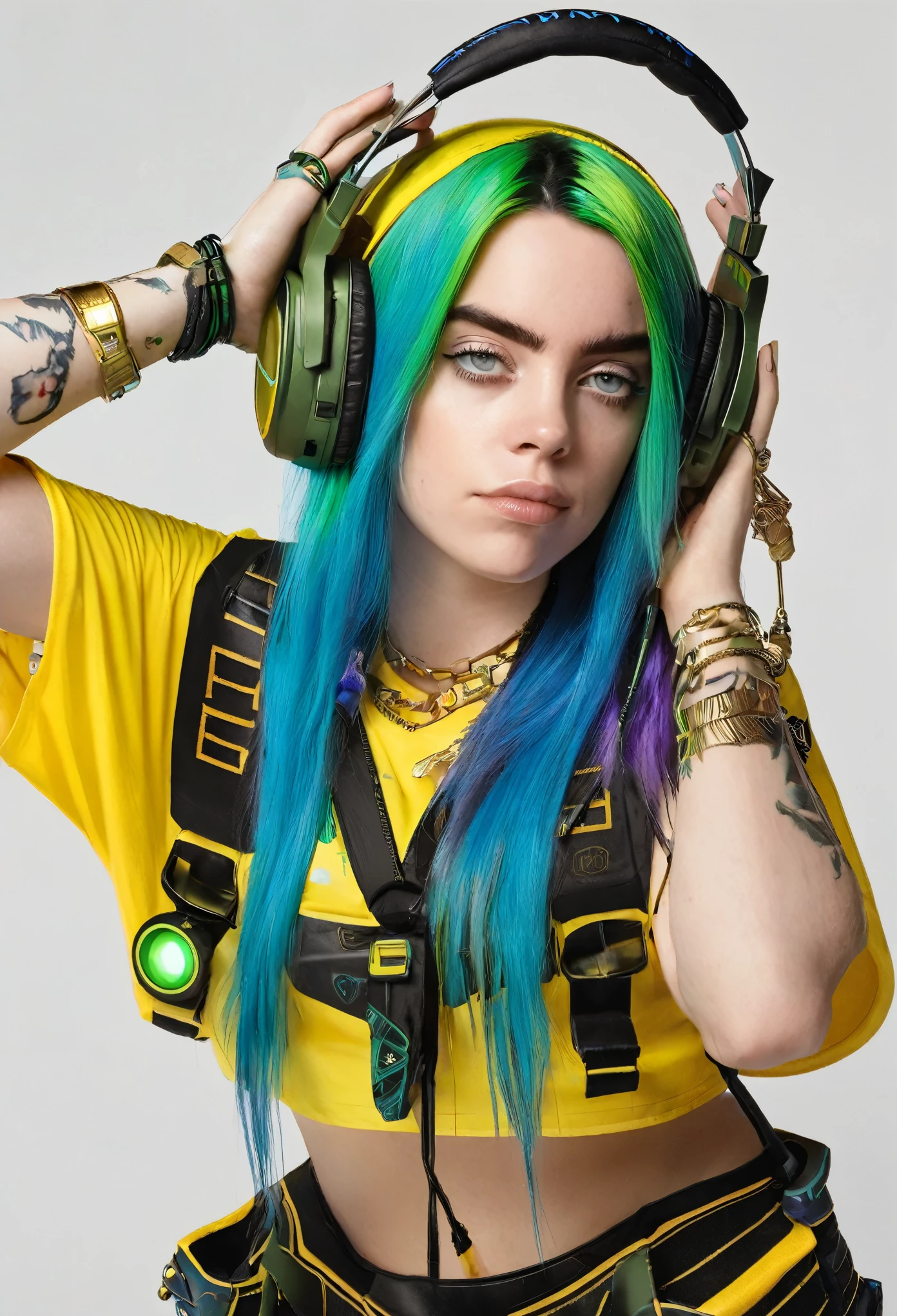  a person com cabelo azul wearing headphones, twitch streamer, loba andrade de apex legends, Lúcio as a woman, billie eilish como loki feminino, Billie Eilish como Loki, twitch streamer / jogador ludwig, transmitindo no Twitch, retrato de azar de arcano, twitch emote, com cabelo azul, (whole body:1.2), sensual pose , (bikini:1.5) , sensual, corpo todo, dentro do quarto,