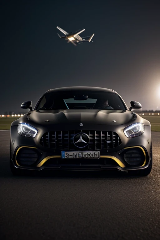 8K, UHD, wide angle side view of (amg GT63), futuristic car in vanta black, gold ornate decals, in almost dark outdoors, on runway, (intense close-up view of aircraft flying very low overhead:1.2) cinematic, total darkness, (totally dark background:1.1), volumetric mist, ambient occlusion