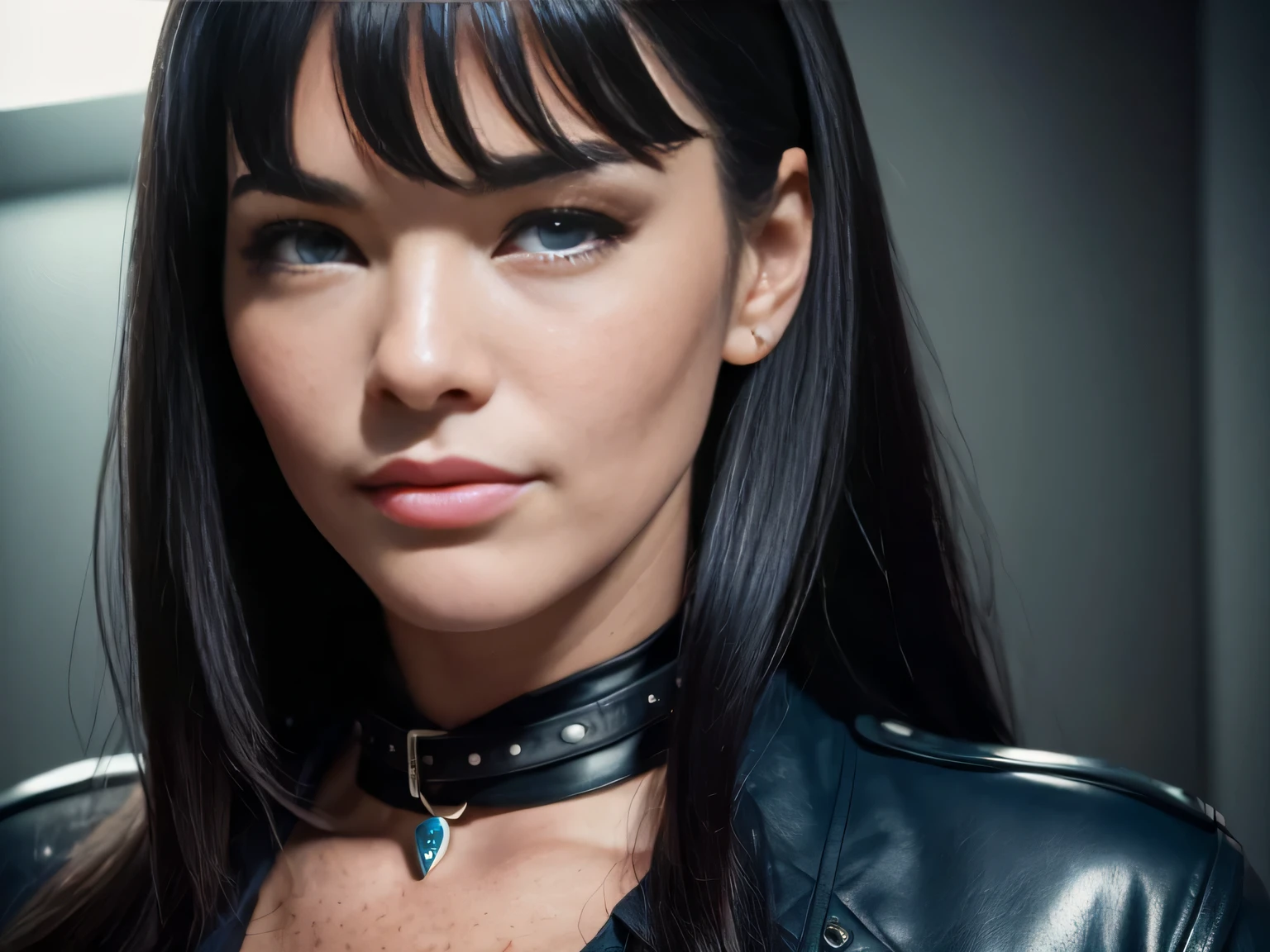 photo, rule of thirds, dramatic lighting, long hair, detailed face, detailed nose, sensual smiling Bettie Page wearing leather jacket , freckles, collar or choker, smirk, intricate background
,realism,realistic,woman,portrait,photorealistic,analog,realism, american, mature, blue eyes, chestnut, bushy eyebrows