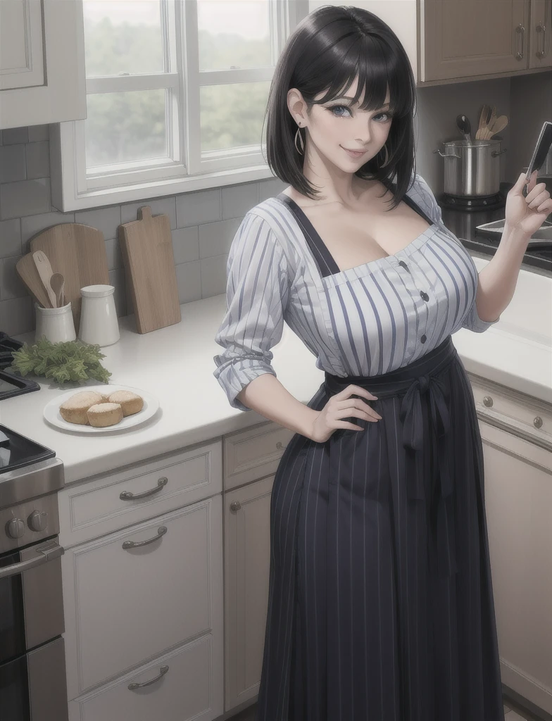 ((realistic)), (masterpiece, best quality),hot (milf), woman standing in kitchen, Korean style long skirt autum dress vertical stripes,wide hips,wearing black apron, large breasts,saggy breasts, (shoulder cut hair, cute bangs, bangs), long skirt, smiling, facing viewer, earrings,  cupboard, stove, window, blue eyes,