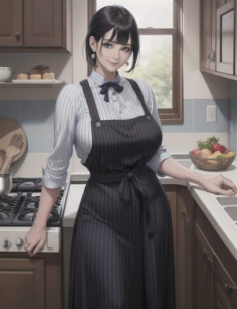 ((realistic)), (masterpiece, best quality),hot (milf), woman standing in kitchen, Korean style long skirt autum dress vertical stripes,wide hips,wearing black apron, large breasts,saggy breasts, (shoulder cut hair, cute bangs, bangs), long skirt, smiling, facing viewer, earrings, cupboard, stove, window, blue eyes,
