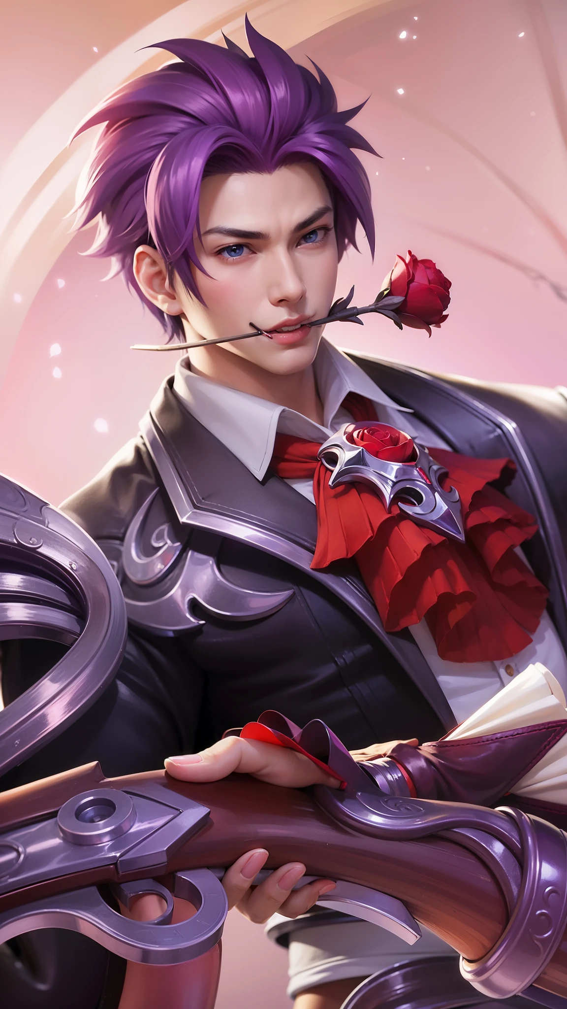 anime - style image of a male character with purple hair and a red tie, ! dream artgerm, extremely detailed artgerm, range murata and artgerm, artgerm. high detail, g liulian art style, artgerm portrait, shadowverse style, by Yang J, arcane art style, smile, biting the stem of a red rose, blue eyes.