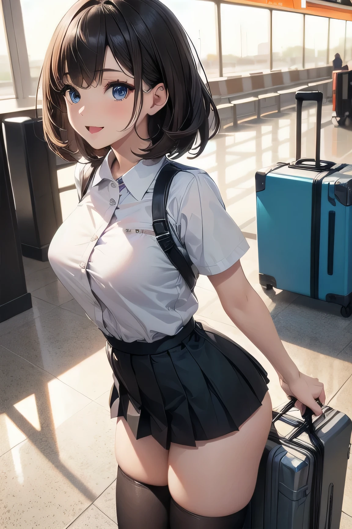 very cute and beautiful girl,(highly detailed beautiful face and eyes:1.2), (Blue eyes), (black medium hair), stand, ((medium breasts)), ((big Butt)), ((big smile)), stand, (((pleated white mini skirt))), (((black stockings))), ((,carry a suitcase with wheels (best quality masterpiece:1.2),intricate details,solo,8k resolution,natural lighting,extremely detailed cg, (airport terminal background)