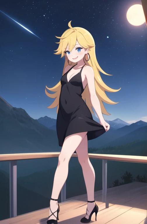 masterpiece, best quality, psgpanty, black dress, sleeveless, hoop earrings, bare shoulders, black high heels, cleavage, night sky, hills and mountains, smile, blue eyes, standing on the railin