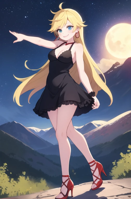 masterpiece, best quality, psgpanty, black dress, sleeveless, hoop earrings, bare shoulders, black high heels, cleavage, night sky, hills and mountains, smile, blue eyes, standing on the railin