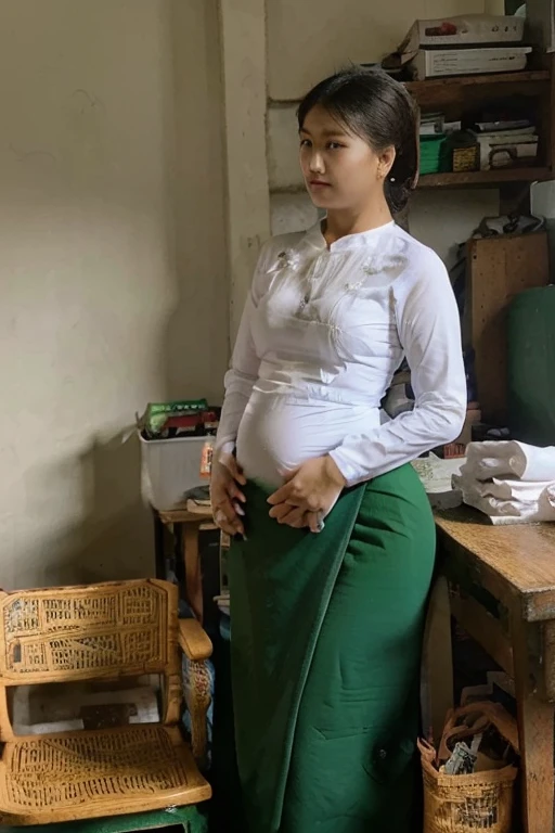 Stable Diffusion prompt:
woman, standing, green skirt, white shirt, nivanh chanthara, traditional garb, traditional dress, headmistress uniform, traditional clothes, authentic attire, lam manh style, pregnant, nuttavut baiphowongse, student, 30 years old.The teacher is 6 months pregnant.