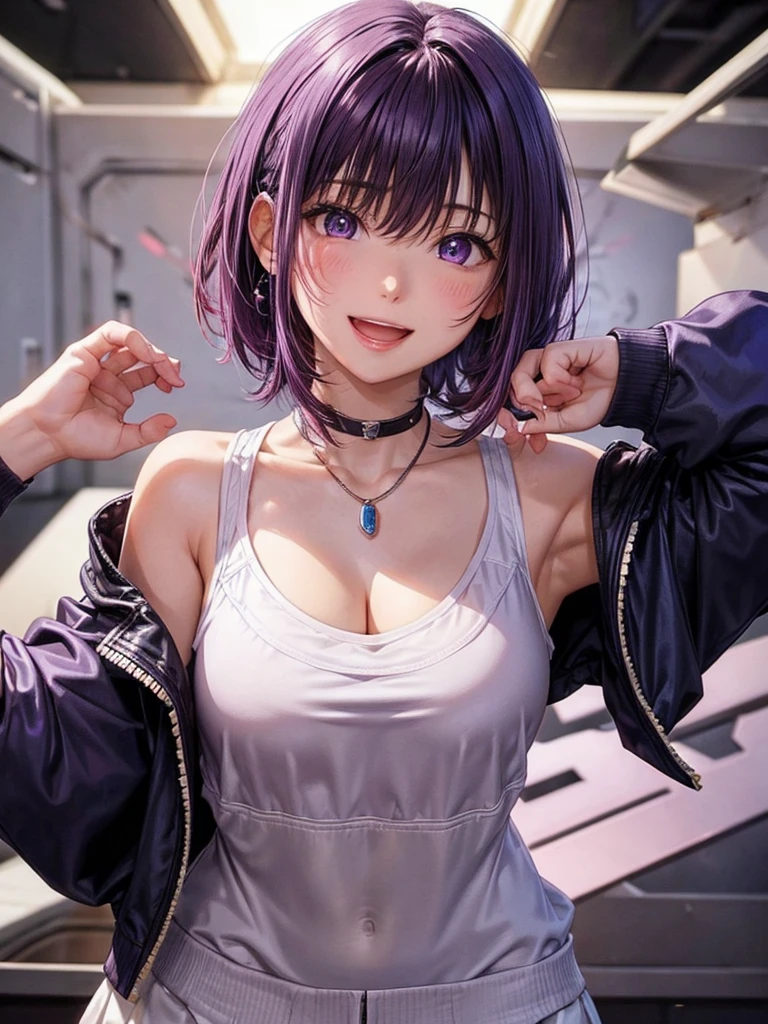 solo, looking at viewer, blush, smile, short hair, open mouth, bangs, shirt, long sleeves, 1girl hair between eyes, jewelry, purple eyes, jacket, upper body, purple hair, :d, male focus, pink eyes, necklace