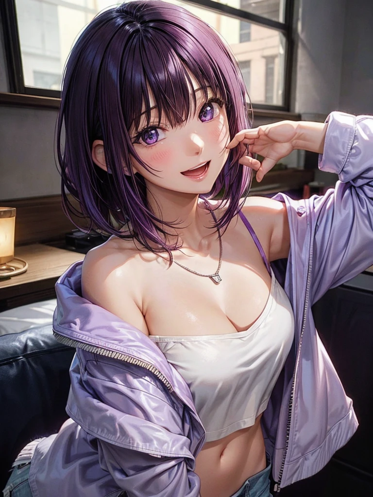 solo, looking at viewer, blush, smile, short hair, open mouth, bangs, shirt, long sleeves, 1girl hair between eyes, jewelry, purple eyes, jacket, upper body, purple hair, :d, male focus, pink eyes, necklace