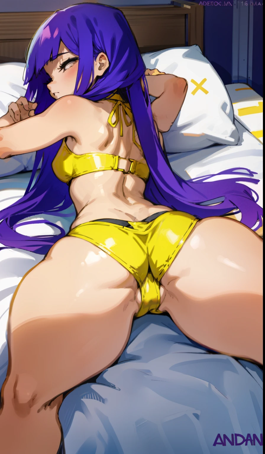 Sleeping girl, , realistic, yellow bikini, purple hair, abdomen, big , thick thighs, open legs,  detailed  vagina, small breasts, long hair, lying on stomach, show ass, backside,