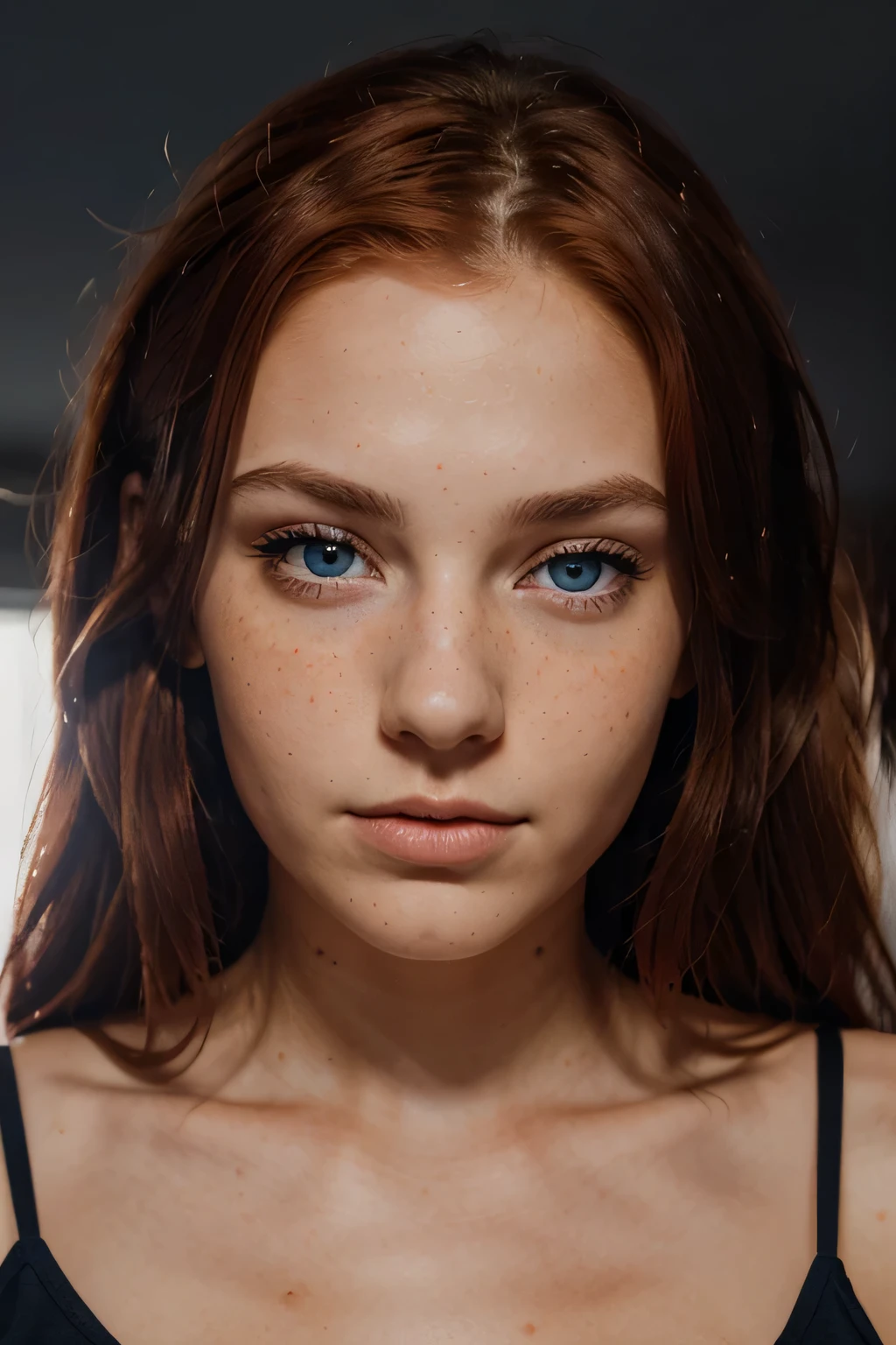 20 year old woman, red hair, slim american, light freckles, realistic dark blue eyes, symmetrical face, high contrast eyes