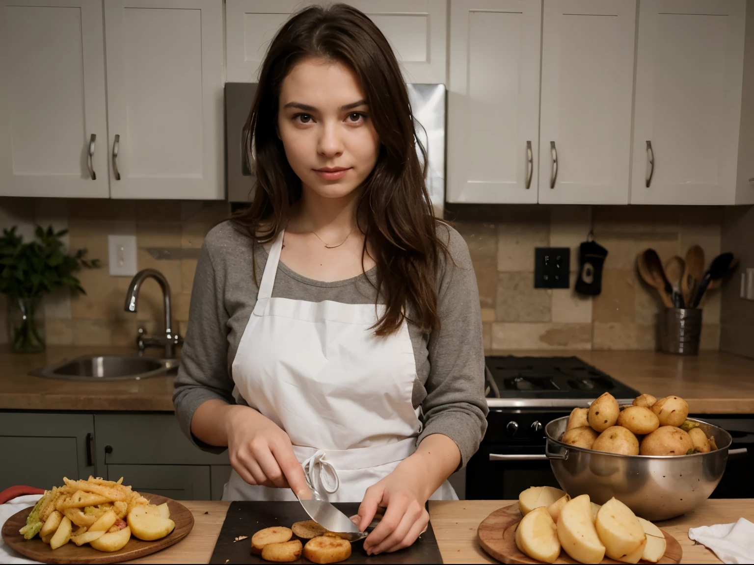 girl peels potatoes with a knife