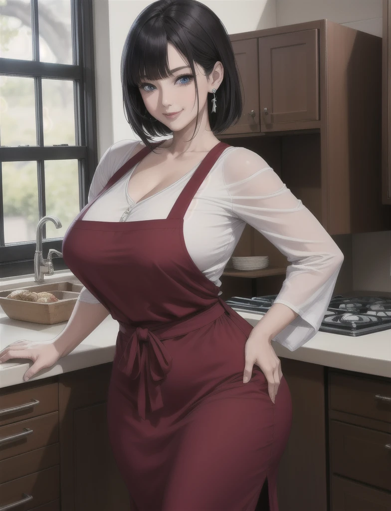 ((realistic)), (masterpiece, best quality),hot (milf), woman standing in kitchen, Korean style long skirt autum dress, Autumn Dress Korean Version Long Skirt Gentle Sexy Tight Wrap Hip Mermaid, wide hips,wearing black apron, large breasts,saggy breasts, (shoulder cut hair, cute bangs, bangs), long skirt, smiling, facing viewer, earrings,  cupboard, stove, window, blue eyes,