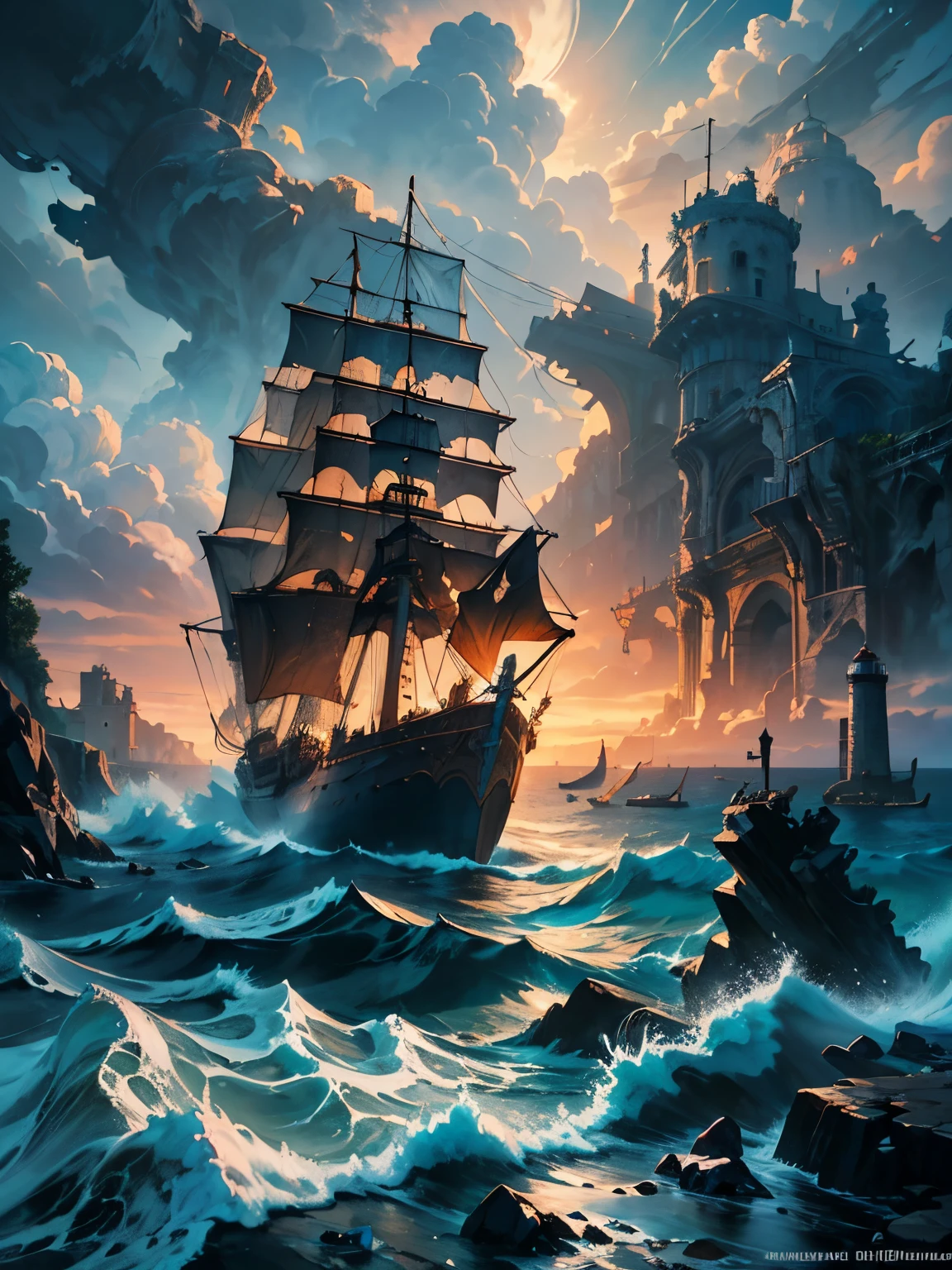 Surreal art of a pirate ship in the midst of a sea storm of large waves, an ancient column immersed in the abstract, swirling waves of the sea, billowing in the stormy air as the spectacular setting sun paints the sky. with red clouds, dark clouds intertwined with lightning and a gentle drizzle, watercolor style masterpiece with a dodge effect creating a stormy sky, ancient Greek city blurred in the distance, ancient city in fog, lighthouse shining, the lighthouse illuminates the sea, old galeon ship battered by storm, art realistic oil painting,