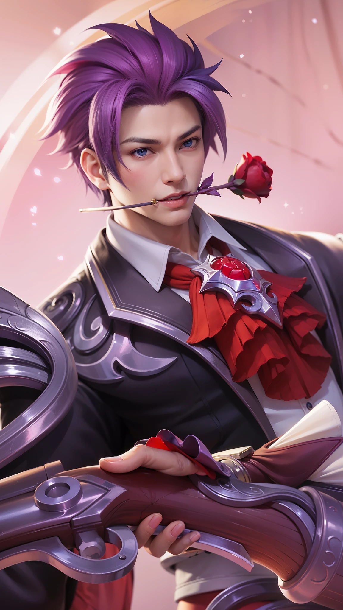 anime - style image of a male character with purple hair and a red tie, ! dream artgerm, extremely detailed artgerm, range murata and artgerm, artgerm. high detail, g liulian art style, artgerm portrait, shadowverse style, by Yang J, arcane art style, smile, biting the stem of a red rose, blue eyes.