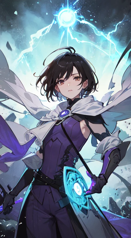 22-year-old female, short black hair, brown eyes, Thin, Big , Swordsman, White, purple sword, Make it like tarot anime style but without the frame, The eyes are firm, purple energy, Thunder particle