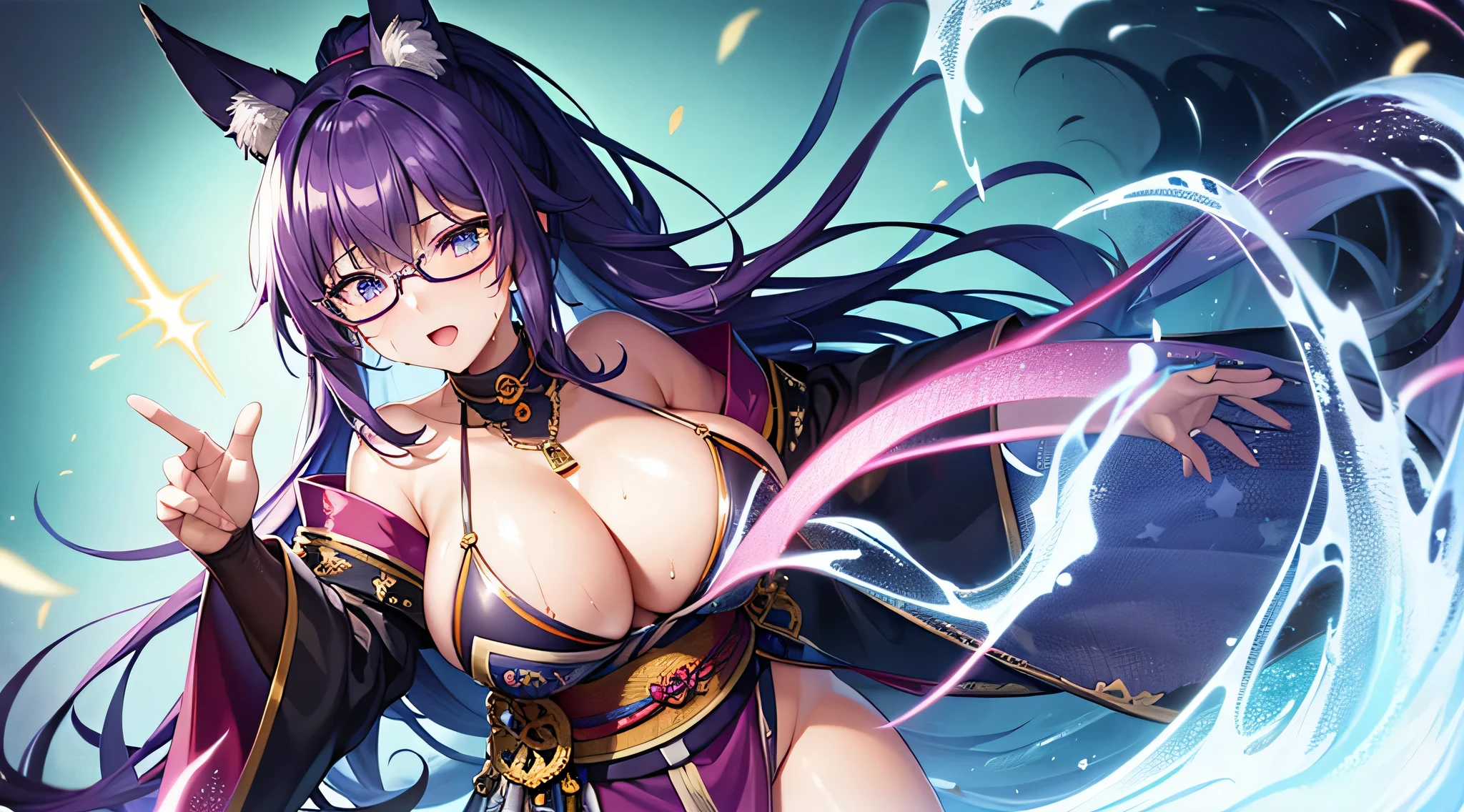 masterpiece、highest quality、1girl , solo , huge breasts、deep cleavage、light purple hair、ponytail、fox ears、brightly colored eyes、blue eyes、black glasses、green japanese kimono、flashy necklace、charm、Wet、face turns red, very sweaty, dynamic pose、standing、ryokan background