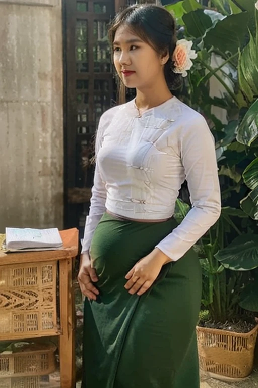 Stable Diffusion prompt:
woman, standing, green skirt, white shirt, nivanh chanthara, traditional garb, traditional dress, headmistress uniform, traditional clothes, authentic attire, lam manh style, pregnant, nuttavut baiphowongse, student, 30 years old.