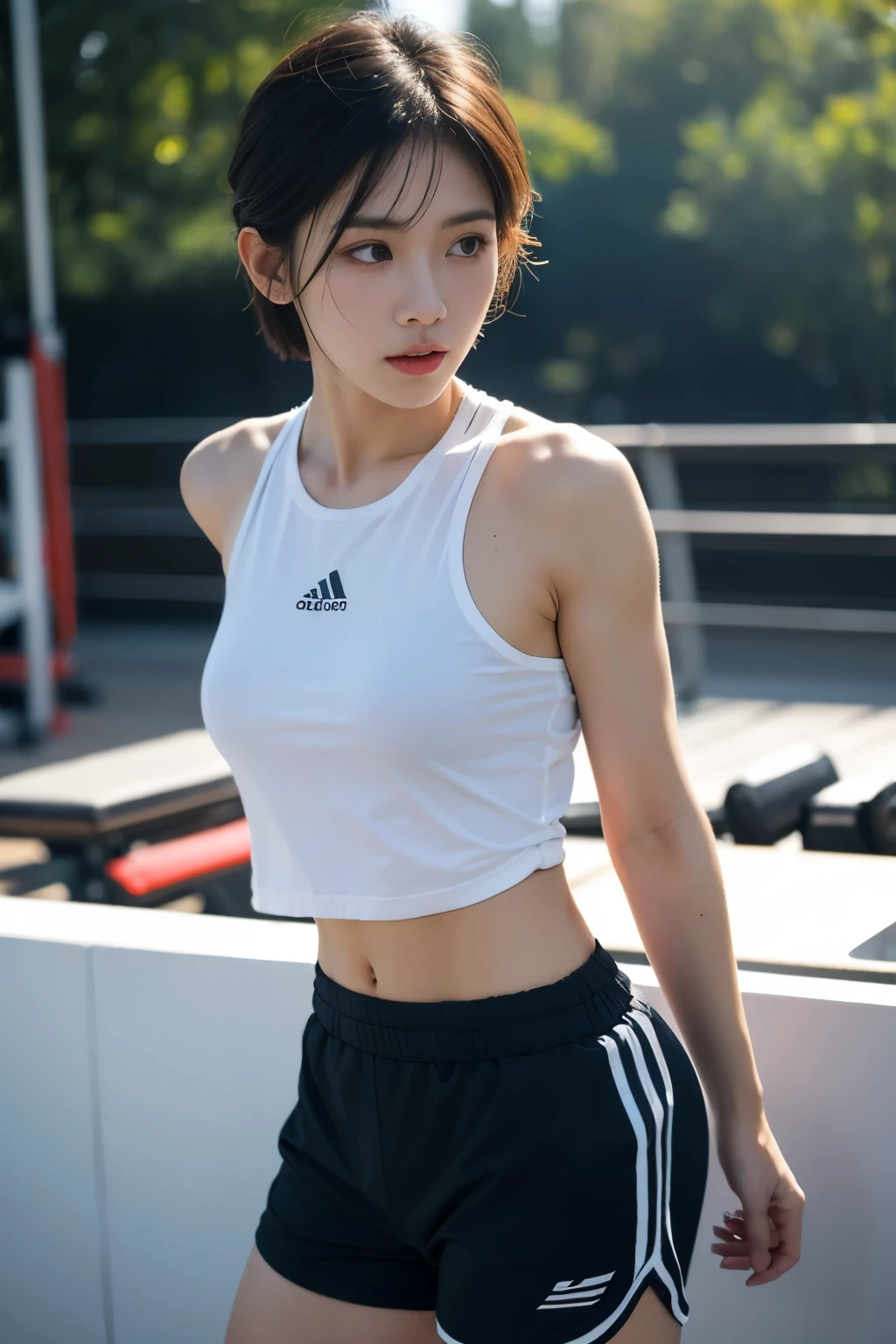 Best quality, super high resolution, (realistic: 1.4), bust photo, gym, 1 asian boy, standing, gym clothes, short hair, upper body naked, muscles, shorts, yang yang, (looking at the audience), (close-up)