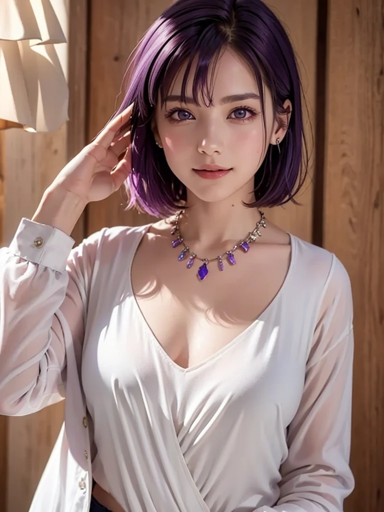 Best image quality, outstanding detail, ultra high resolution, (realism: 0), best illustration, prefer details, highly condensed 1girl, delicate and beautiful face, long hair, disheveled hair, big, blush, cleavage, wet skin, a beautiful woman with violet hair and bright violet eyes, holding a glass with her enchanting smile, in a waterfall garden, pink dress