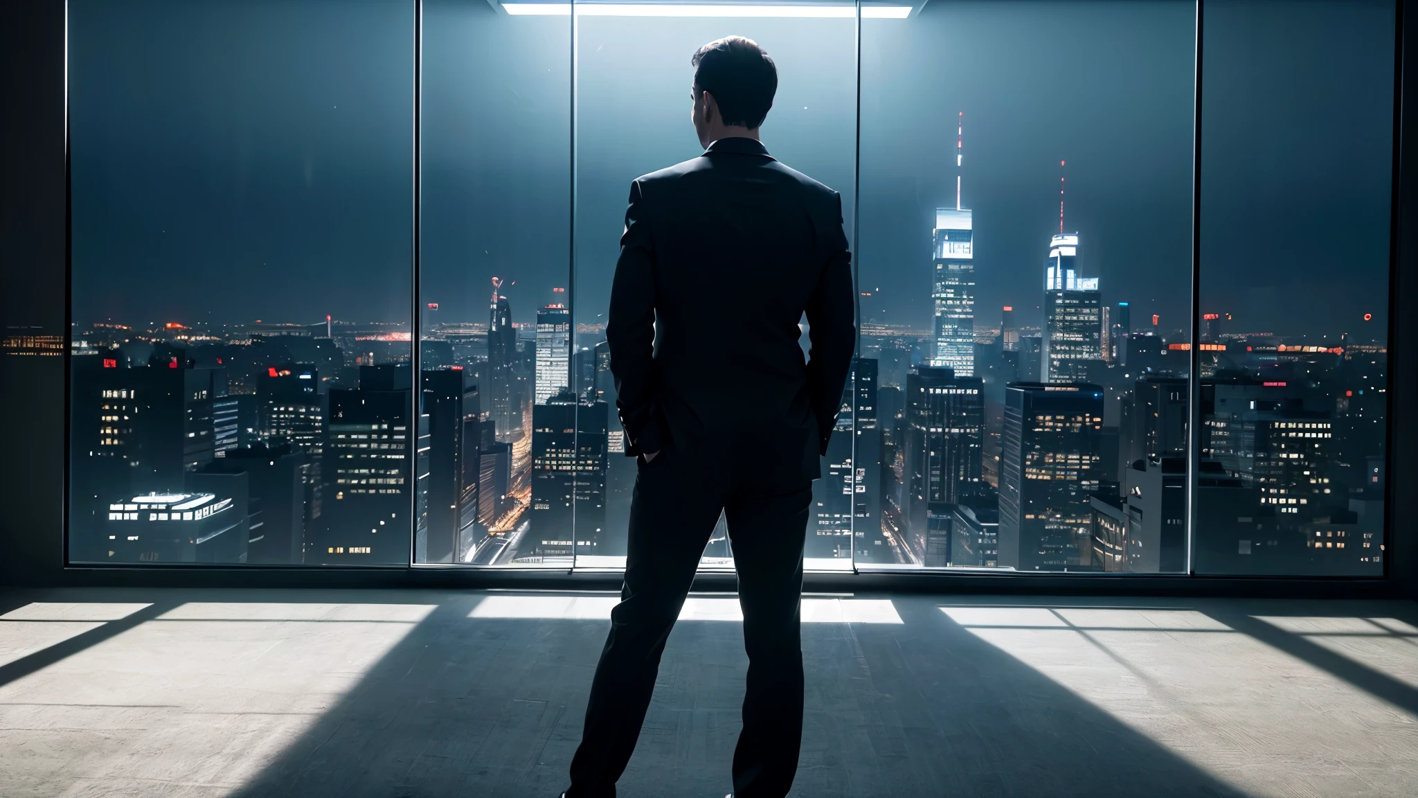 (best quality,4k,8k,highres,masterpiece:1.2),ultra-detailed,(realistic,photorealistic,photo-realistic:1.37),businessman from behind looking at big t.v black screen,modern office environment,cityscape view through the floor-to-ceiling windows,indoor plants surrounding the workspace,contemporary office furniture and equipment,impressive technological devices,crisp and clean lines,high-tech atmosphere,abstract artwork on the walls,professional attire,sleek and polished appearance,intense focus and concentration,determined expression,shadows and highlights playing on the businessman's silhouette,subtle shades of gray and blue,soft, diffused lighting,enhancing the suspenseful atmosphere