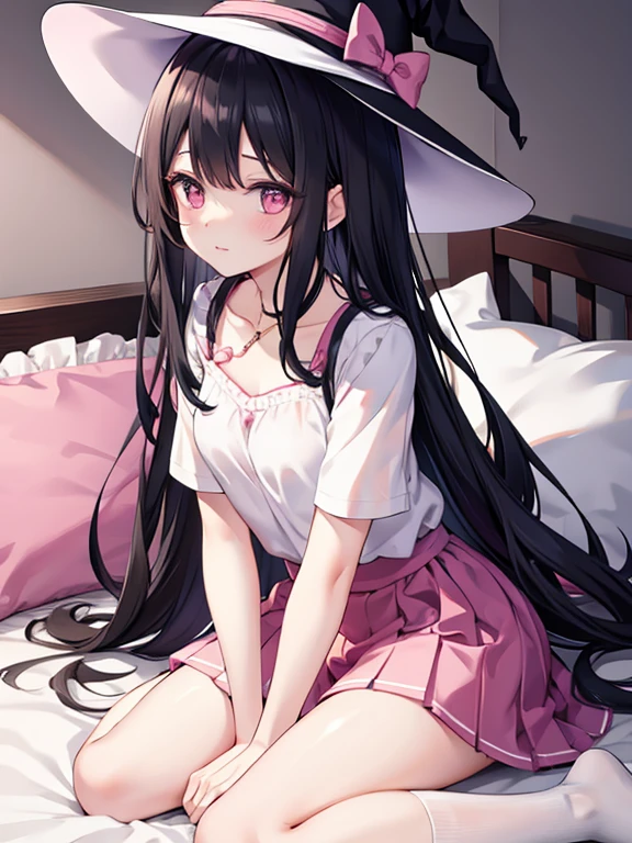 The woman had long black hair down to her waist, wore a cute pink hat, wore pink casual clothes and wore a fairly small skirt with white socks covering her legs up to her thighs, with an expression as if she had just woken up and was in her room.