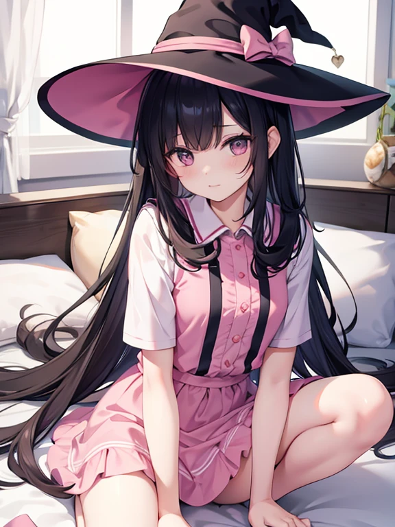 The woman had long black hair down to her waist, wore a cute pink hat, wore pink casual clothes and wore a fairly small skirt with white socks covering her legs up to her thighs. wearing a witch's dress in bed in a position that has just woken up and shows her genitals which emit a thick from her genitals