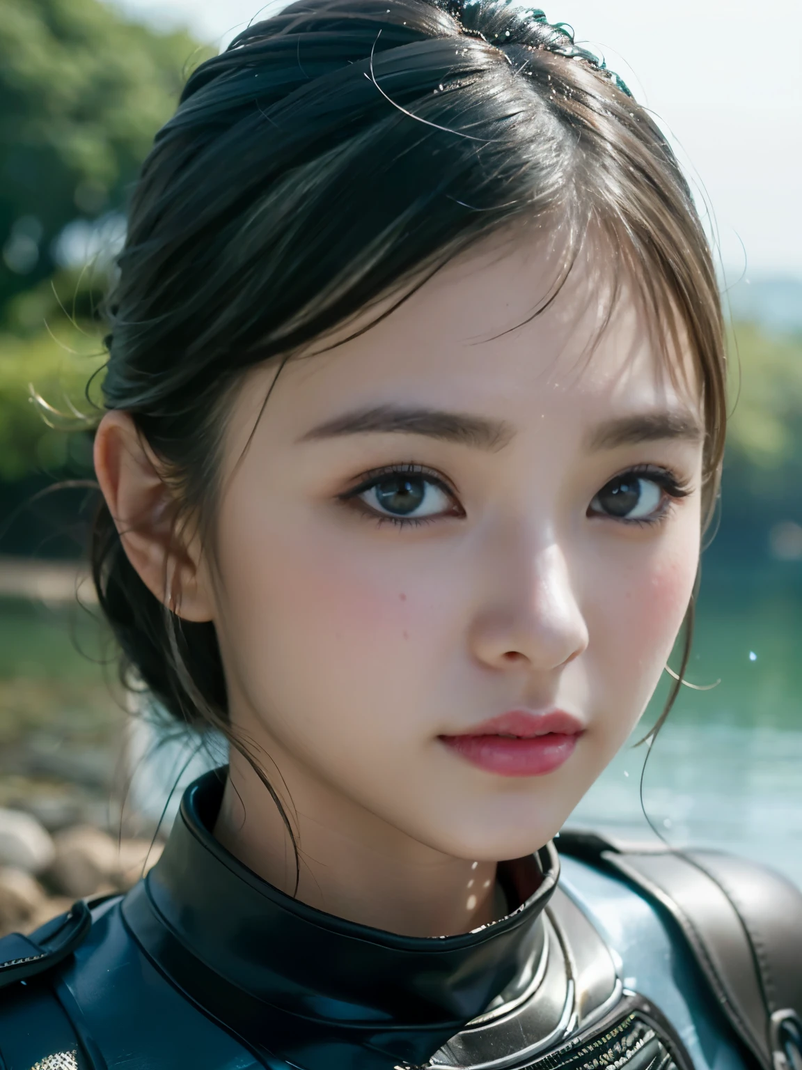 (1 girl)、highest quality、masterpiece、超A high resolution、(Photoreal:1.4)、Raw photo、1 girl、wet hair、Sweat、(Wearing a wetsuit)、Female Divers、long sleeve、gloves、Portrait、Shadow、octane rendering、8K、super sharp、Metal、intricate decorative details、Lake Details、very intricate details、realistic light、(mysterious look)、shining eyes、towards the camera、Small LED、Close-up