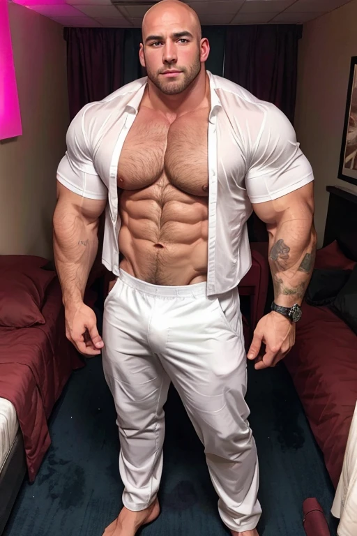 an exaggeratedly muscular and large bald bodyguard, beefy build, mixed race, (wearing a white undershirt: 1.2), (bara pecs: 1.3), (hairy chest: 1.1), close-up portrait HD, hotel room with pink lights, full body photograph