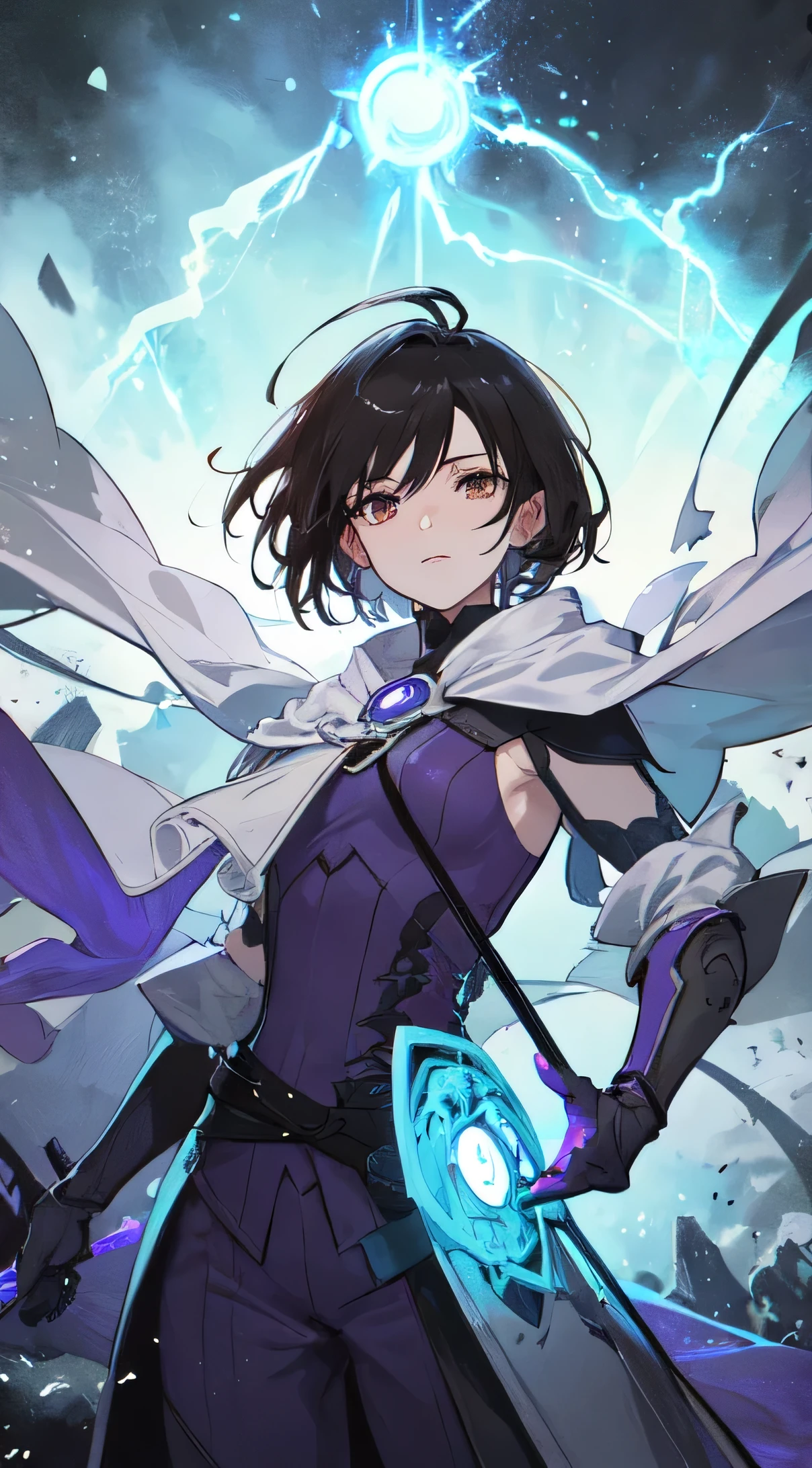 22-year-old female, short black hair, brown eyes, Thin, Big  , Swordsman, White, purple sword, Make it like tarot anime style but without the frame, The eyes are firm, purple energy, Thunder particle