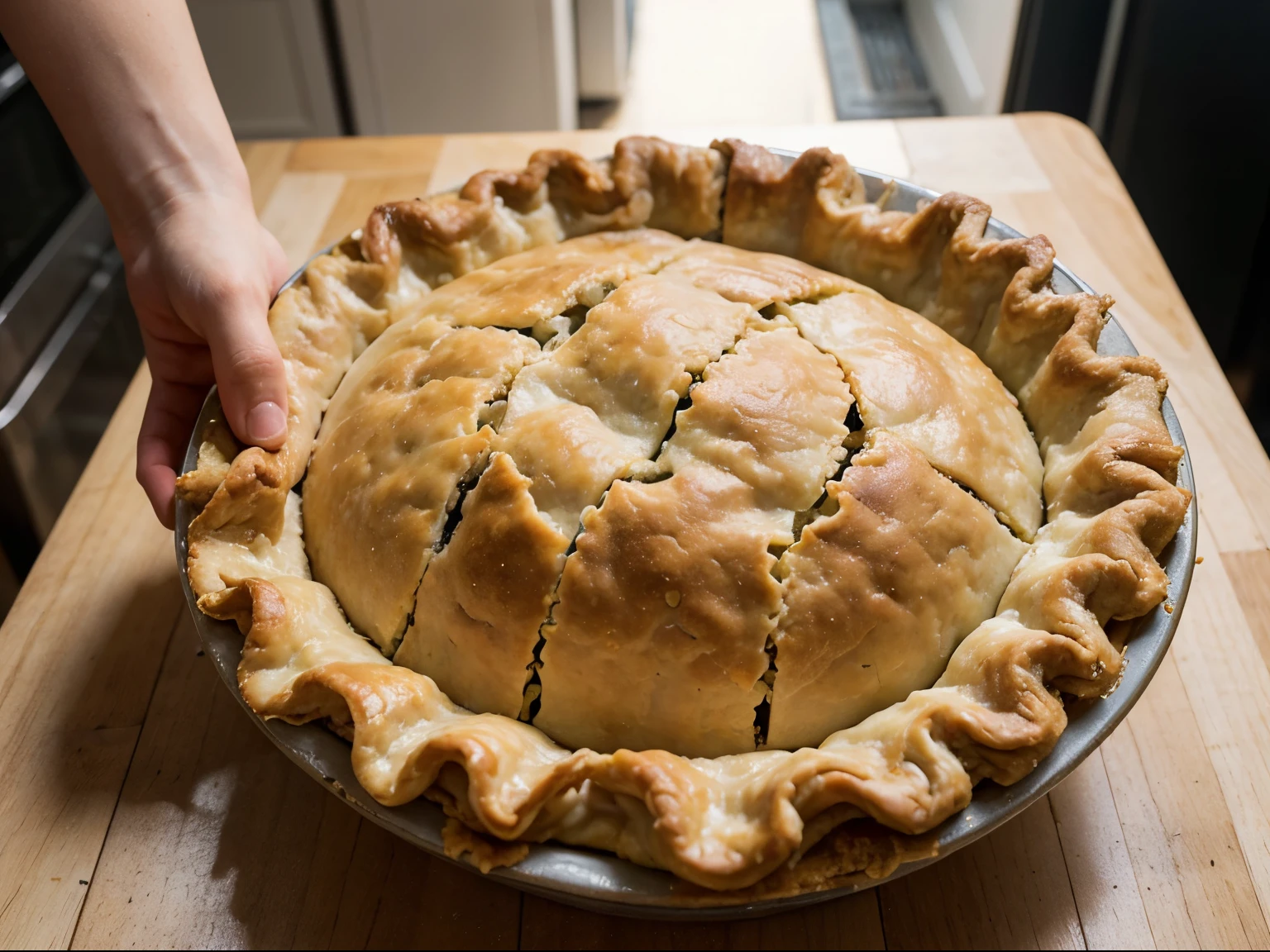 girl puts filling in potato pie



