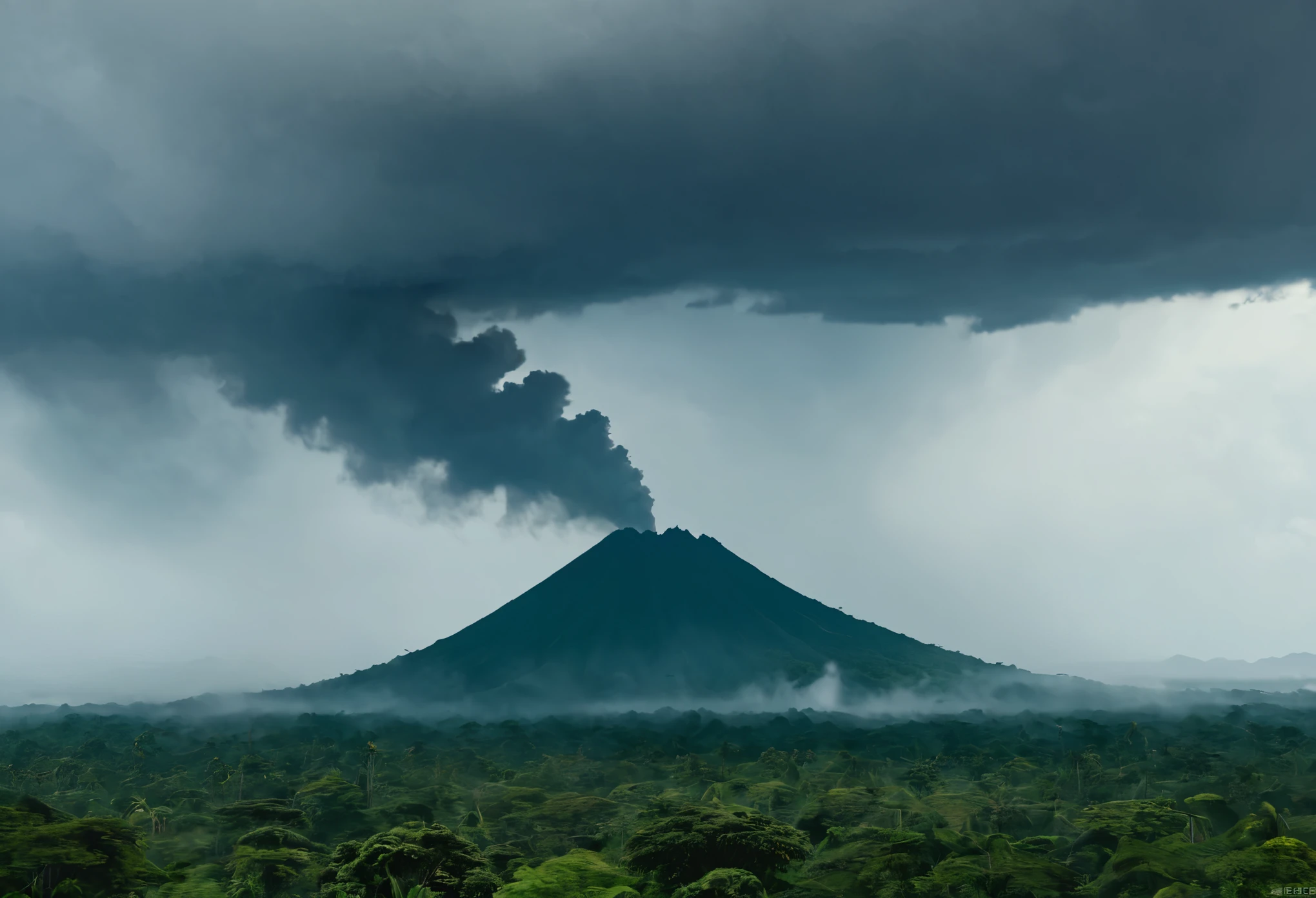 ไทรันโนซอรัสกำลังขี่เจทสกีอยู่กลางทะเลที่มีคลื่นsevere, Volcanic island in the background, ภูเขาไฟกำลังระเบิดอย่างsevere, The images are very realistic., imagination, Films, Jurassic World Fallen empire, realistic dinosaurs, Steven Spielberg, Drama, severe, The sky is cloudy and stormy.