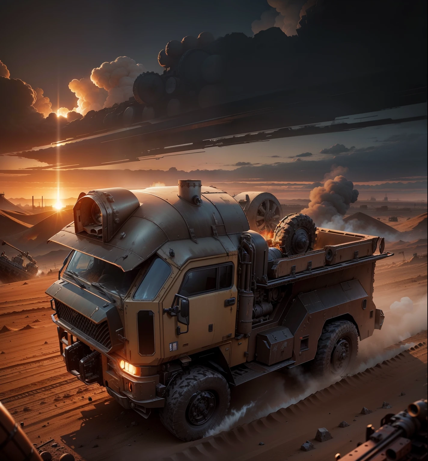 Setting:

A desolate wasteland stretches into the distance, baked under a harsh, unforgiving sun.
A single, rutted dirt road cuts through the cracked earth, disappearing towards the horizon.
The Truck:

A monstrous, steam-powered juggernaut dominates the scene. Its iron frame is a patchwork of riveted plates, scarred and dented from countless battles.
Thick, black smoke billows from a smokestack adorned with a skull and crossed pistons.
Multiple machine guns bristle from turrets, their barrels glinting menacingly. Missile pods hang ominously on the flanks, each one a harbinger of destruction.
The Background:

In the distance, the skeletal silhouette of a once-proud factory pierces the sky. Flames lick at its skeletal remains, a testament to a forgotten war.
Additional Details: