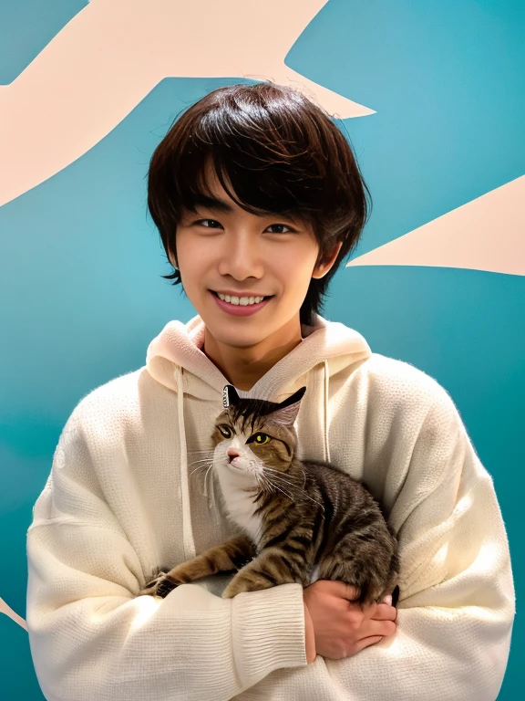 28 year old Japanese man, Neatly combed short hair, big eyes, White oversized sweatshirt, Hug a tabby cat, (Smile:1.3), (lifelike:1.2), (Surreal:1.3), (Very detailed:1.1), ((masterpiece)),