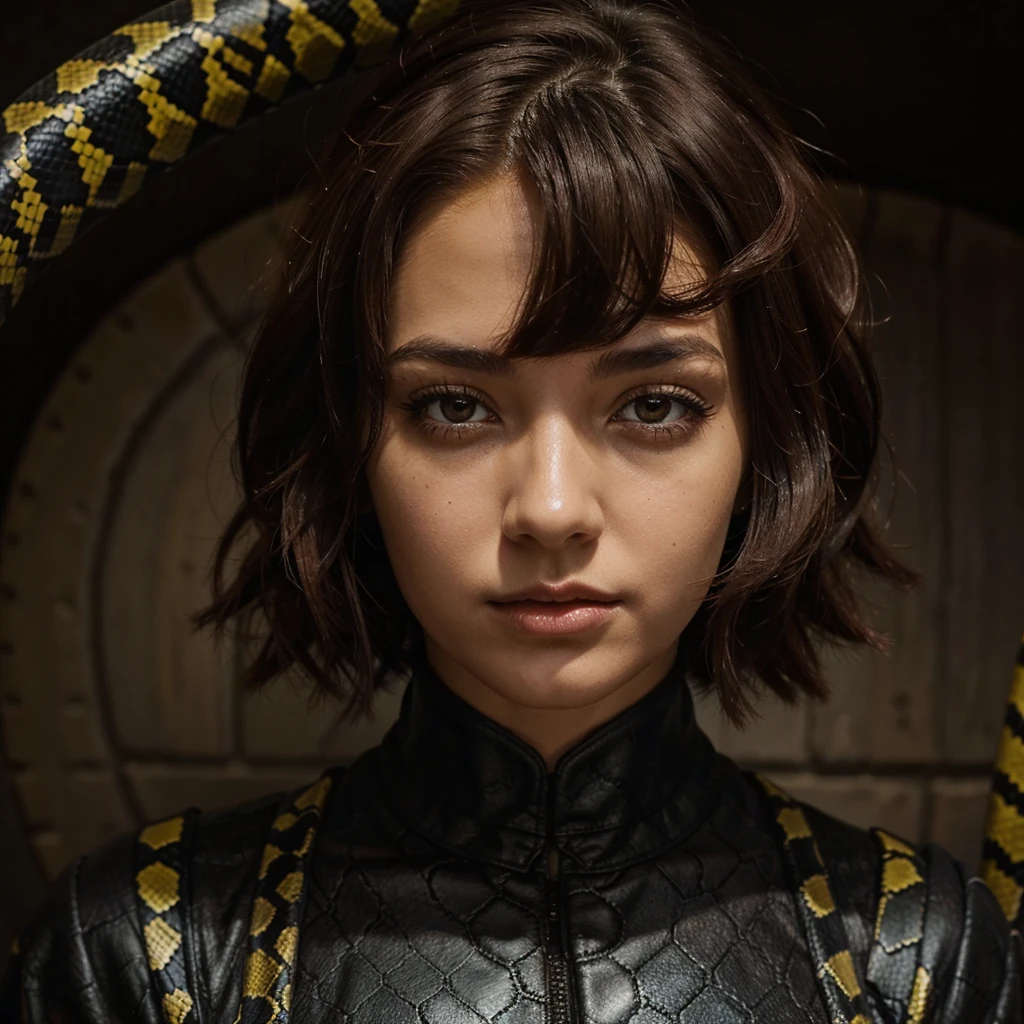 A girl with short dark red hair and dark  brown eyes she have a yello and black     costume that look like a snakes skin