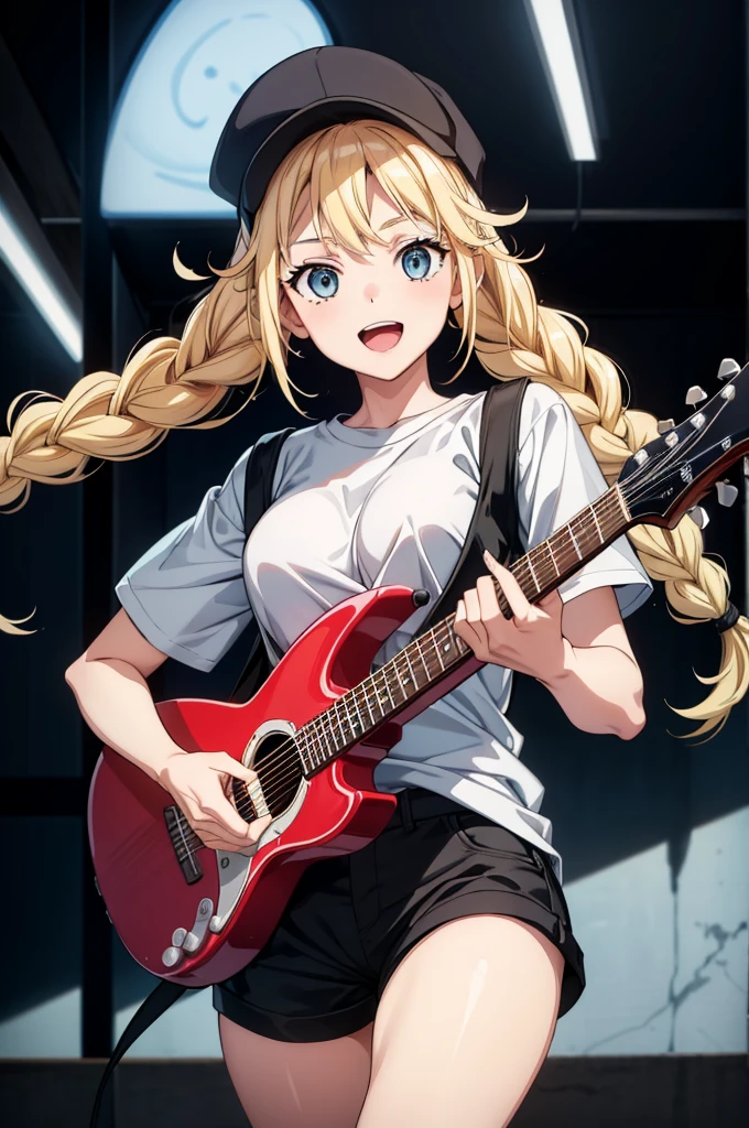 (((grayscale)))(masterpiece:1.2, best quality), (graffiti wall:1.15), 1lady, beanie, jacket, Leggings, blue eyes, fullbody,Masterpiece, best quality, very detailed CG, (complex details:1.2), 8k wallpaper, 1girl, a pretty blonde girls playing an electric guitar with a microphone in the middle of the room, with lights flashing, 1girl, solo, instrument, shirt, blonde hair, blue eyes, braid, shorts, twin braids, smile, white shirt, hat, black shorts, long hair, looking at viewer, open mouth, guitar, breasts, short sleeves, shirt tucked in, holding, microphone,,Eiko Tsukimi, blue eyes, braid, twin braid, blonde hair, long hair