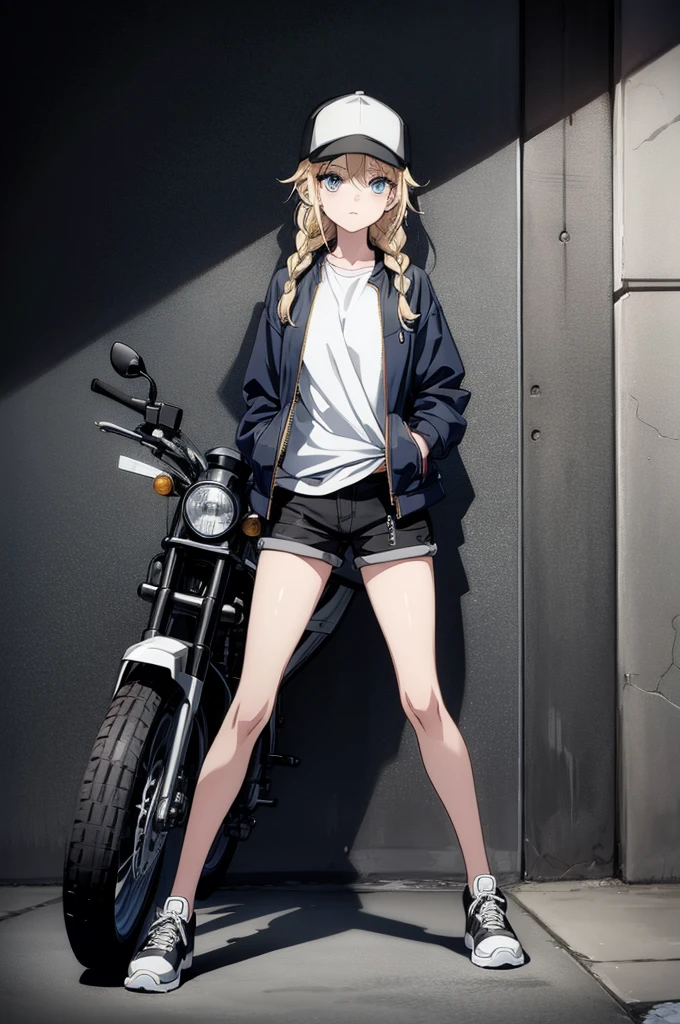 (((grayscale)))(masterpiece:1.2, best quality), (graffiti wall:1.15), 1lady, beanie, jacket, Leggings, blue eyes, fullbody,a drawing of a short haired anime character who is leaning on a motorcycle, 1girl, solo, shorts, ground vehicle, hat, motor vehicle, baseball cap, blonde hair, braid, motorcycle, jacket, twin braids, shirt, black shorts