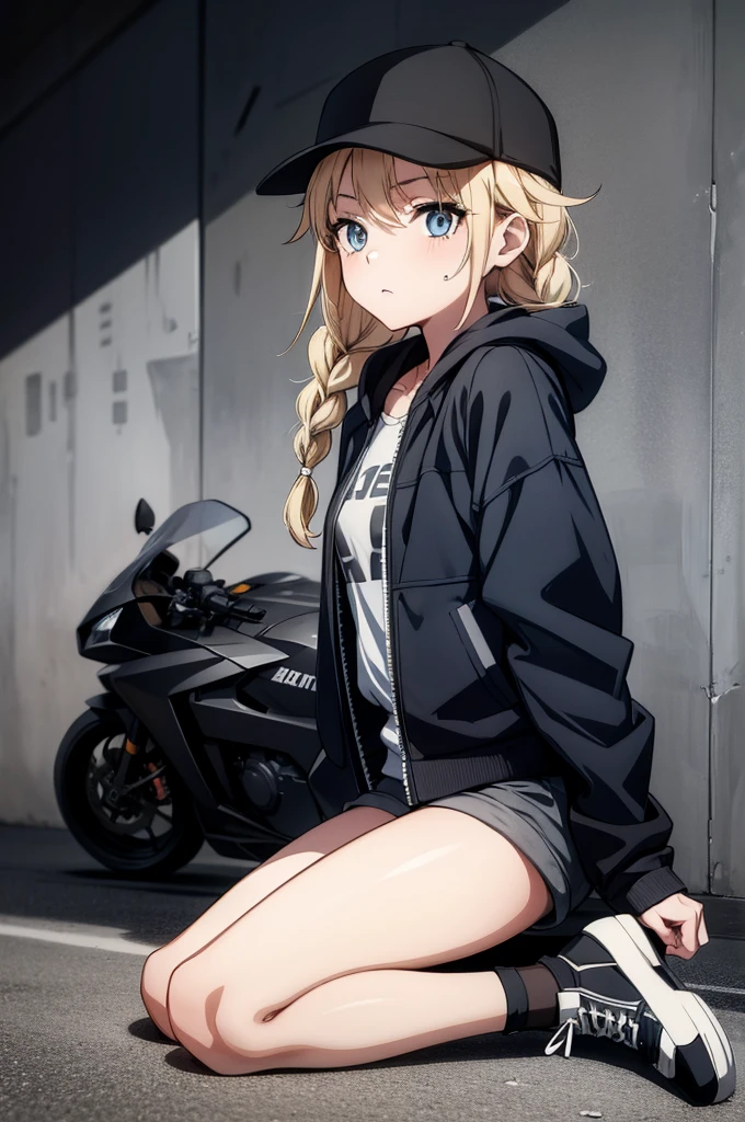 (((grayscale)))(masterpiece:1.2, best quality), (graffiti wall:1.15), 1lady, beanie, jacket, Leggings, blue eyes, fullbody,a drawing of a short haired anime character who is leaning on a motorcycle, 1girl, solo, shorts, ground vehicle, hat, motor vehicle, baseball cap, blonde hair, braid, motorcycle, jacket, twin braids, shirt, black shorts