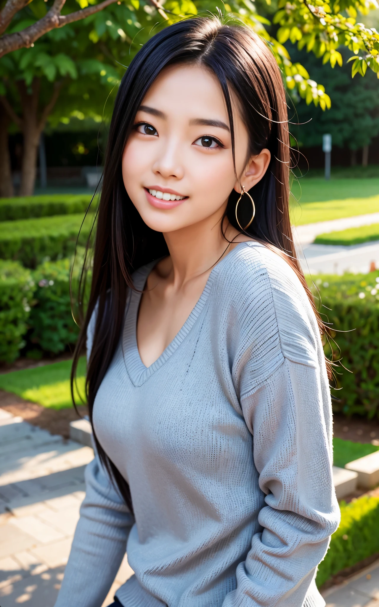 highest quality, figure, super detailed, finely, High resolution, 8k wallpaper, 完璧なダイナミックな構figure, beautiful skin, (big eyes), 20 year old beautiful girl, natural color lip, (sexy pose), Mid chest, smile, Highly detailed face and skin texture, Detailed eyes, Double eyelid,leaking teeth and laughing, close-up, long black hair, (gray sweater:1.2), tree-lined avenue