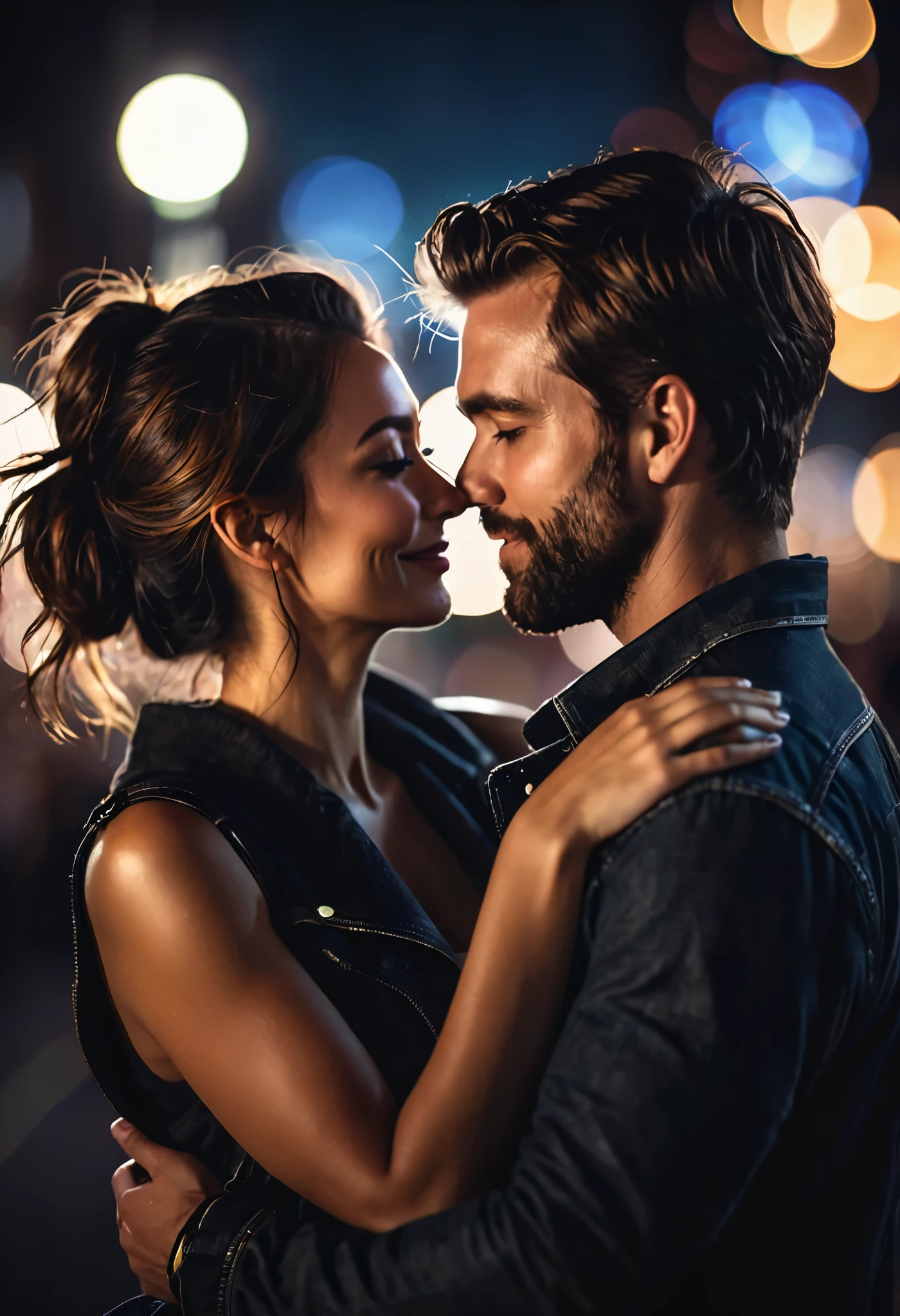 hyper realistic close-up image, dark silhouette of a couple affectionately hugged at night, bokeh light effects, lens flare effects, on a great city, 8k resolution, dramatic lighting, depht blur , greg rutkowsky style, raw photo