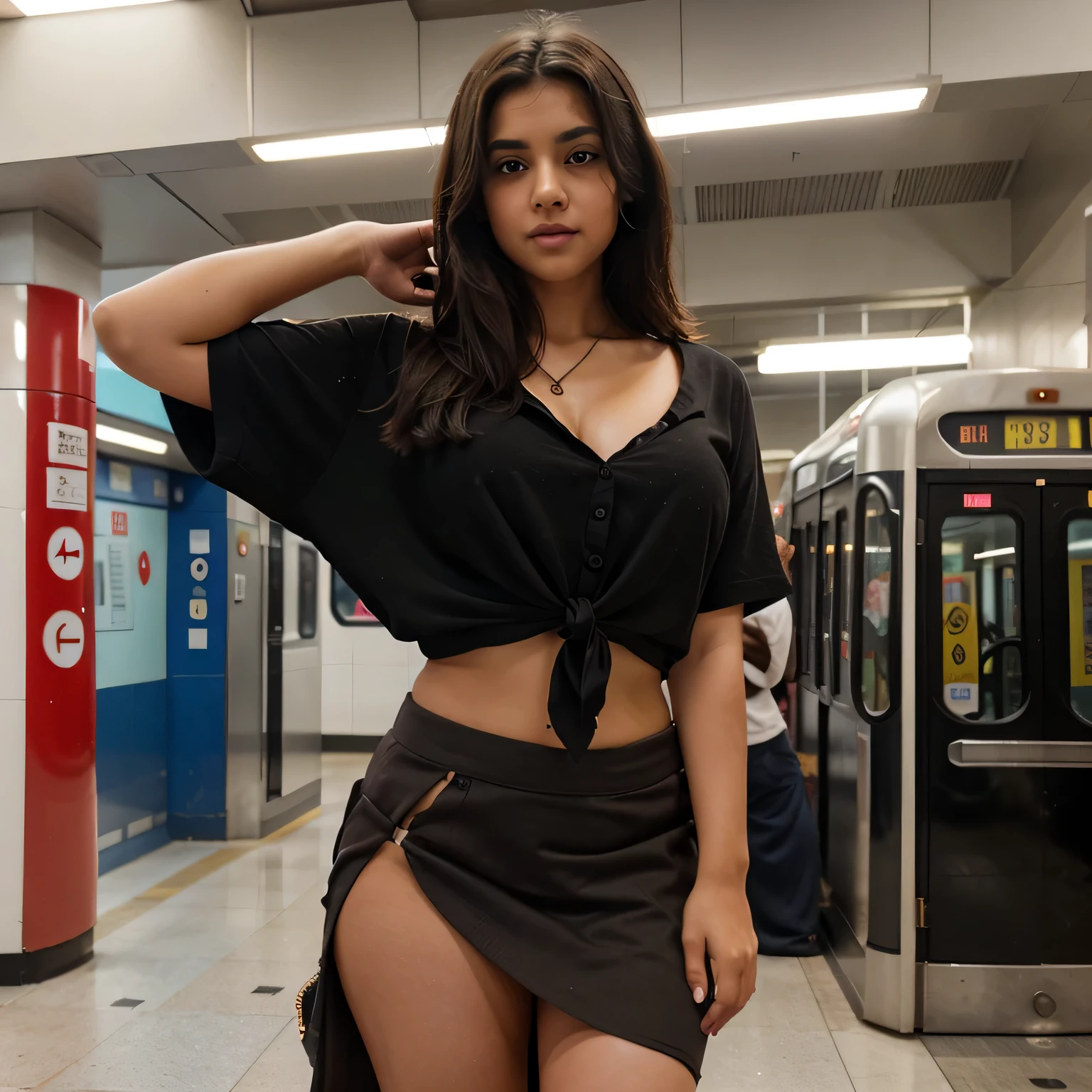 Description: Girl lifts up her skirt ends above her waist. Location: Metro station. Physical description: 14 year old, female, Indian, light brown skin, straight short black hair, dense long black pubic hair, big expressive eyes, light brown pupil, mischievous laugh, very fat body, big fat belly, big fat thighs. Attire: Formal shirt, neck tie, skirt, no underwear