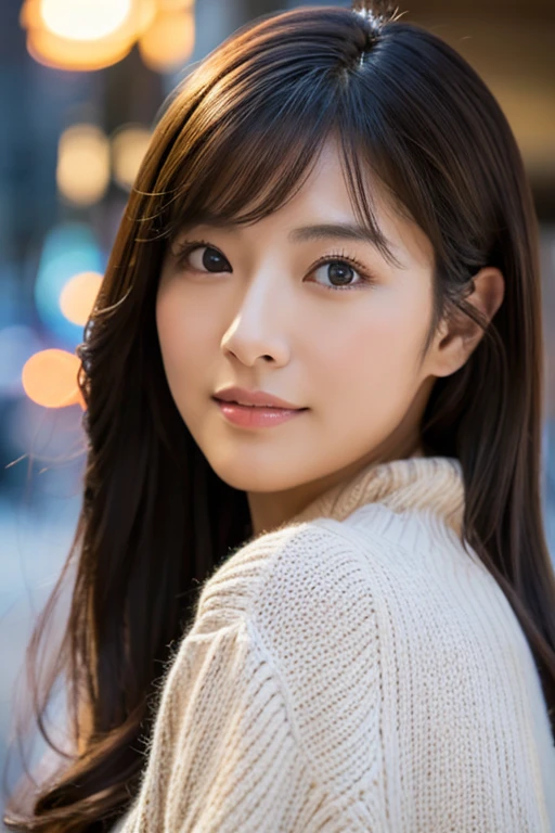 highest quality、masterpiece、ultra high resolution(Realistic like a photo:1.4)、Pretty woman's face、Japanese women in their 40s、Blouson half-taken off、Fitted sweaters、famous Japanese actress、so beautiful、Cinematic、35mm lens、f/1.8、accent lighting、8k