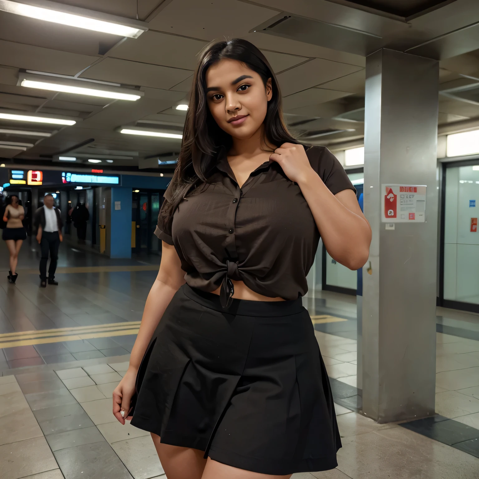 Description: Girl lifts up her skirt ends above her waist. Location: Metro station. Physical description: , female, Indian, light brown skin, straight short black hair, dense long black pubic hair, big expressive eyes, light brown pupil, mischievous laugh, very fat body, big fat belly, big fat thighs. Attire: Formal shirt, neck tie, skirt, no underwear