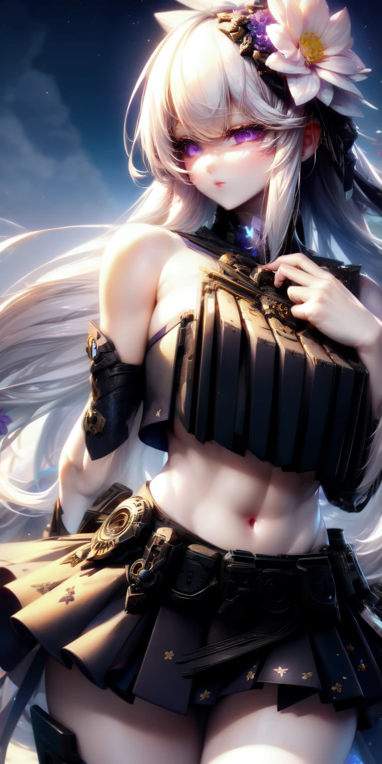 realistic, 1girl, white hair, purple eyes, glowing eyes, crop top, skirt, parted lips, blush, night, flowers, sun, sunlight,