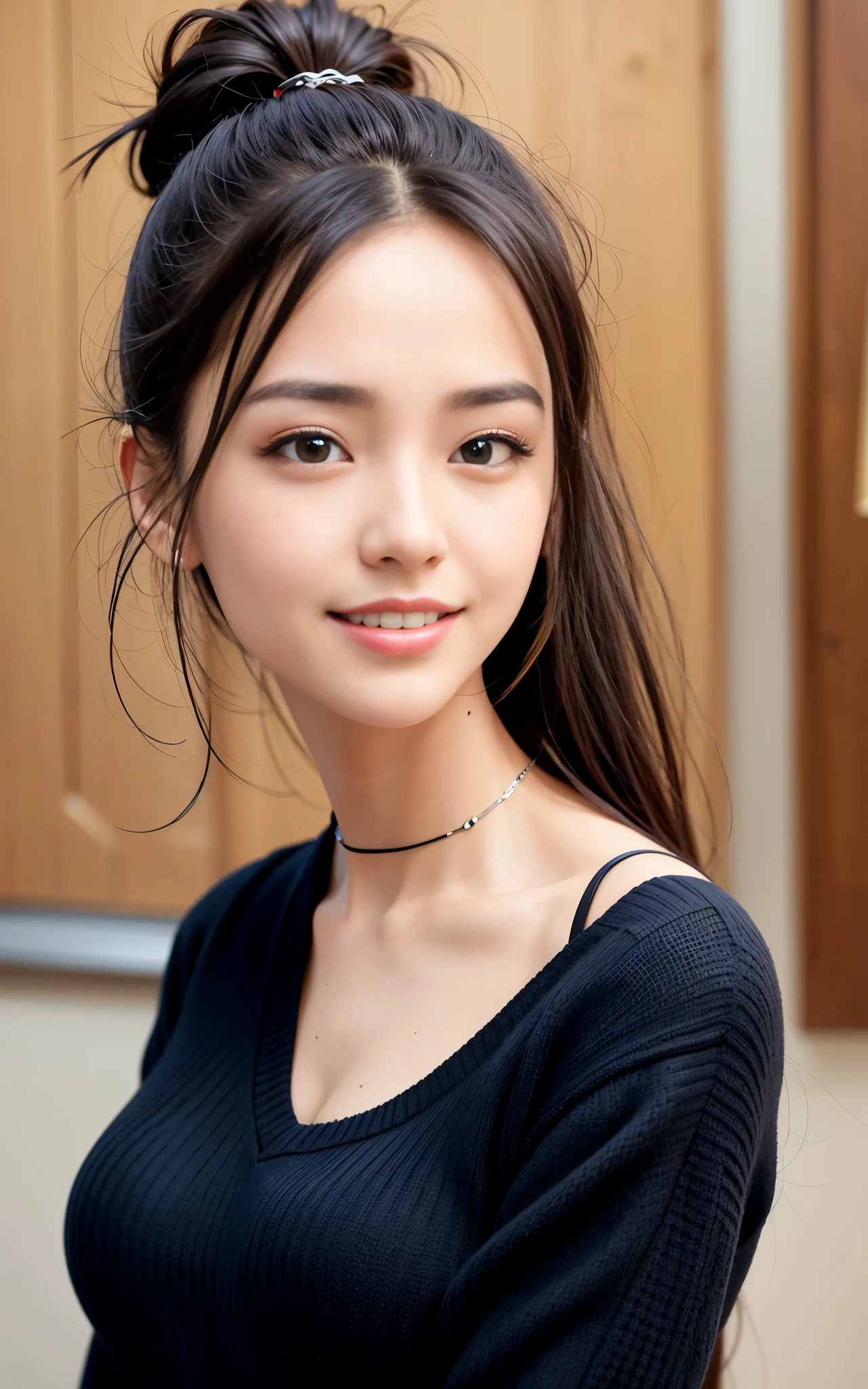highest quality, figure, super detailed, finely, High resolution, 8k wallpaper, 完璧なダイナミックな構figure, beautiful skin, (big eyes), 20 year old beautiful girl, natural color lip, (sexy pose), Mid chest, smile, Highly detailed face and skin texture, Detailed eyes, Double eyelid,leaking teeth and laughing, close-up, profile, black hair ponytail, (black sweater:1.2), beautiful scenery