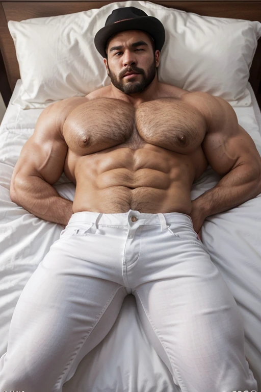 hulk photography, light cinematic heavyweight bodybuilder, 75 kg of complete muscle, Bigote grueso y trozo chino barbudo, hombres muy guapo. perfect body proportion,, hypermuscular nalgon, detailed, realista, white jeans . lying in bed legs up, cowboy with hat