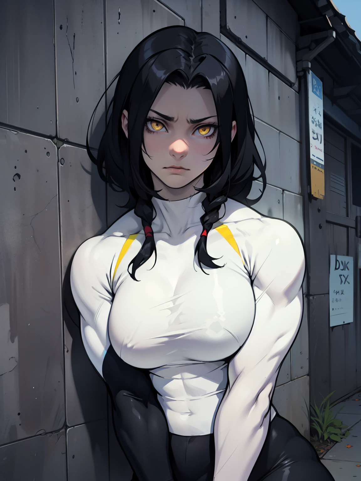 (1 girl muscular) yellow eyes large breasts pale skin skintight black hair sad gloom